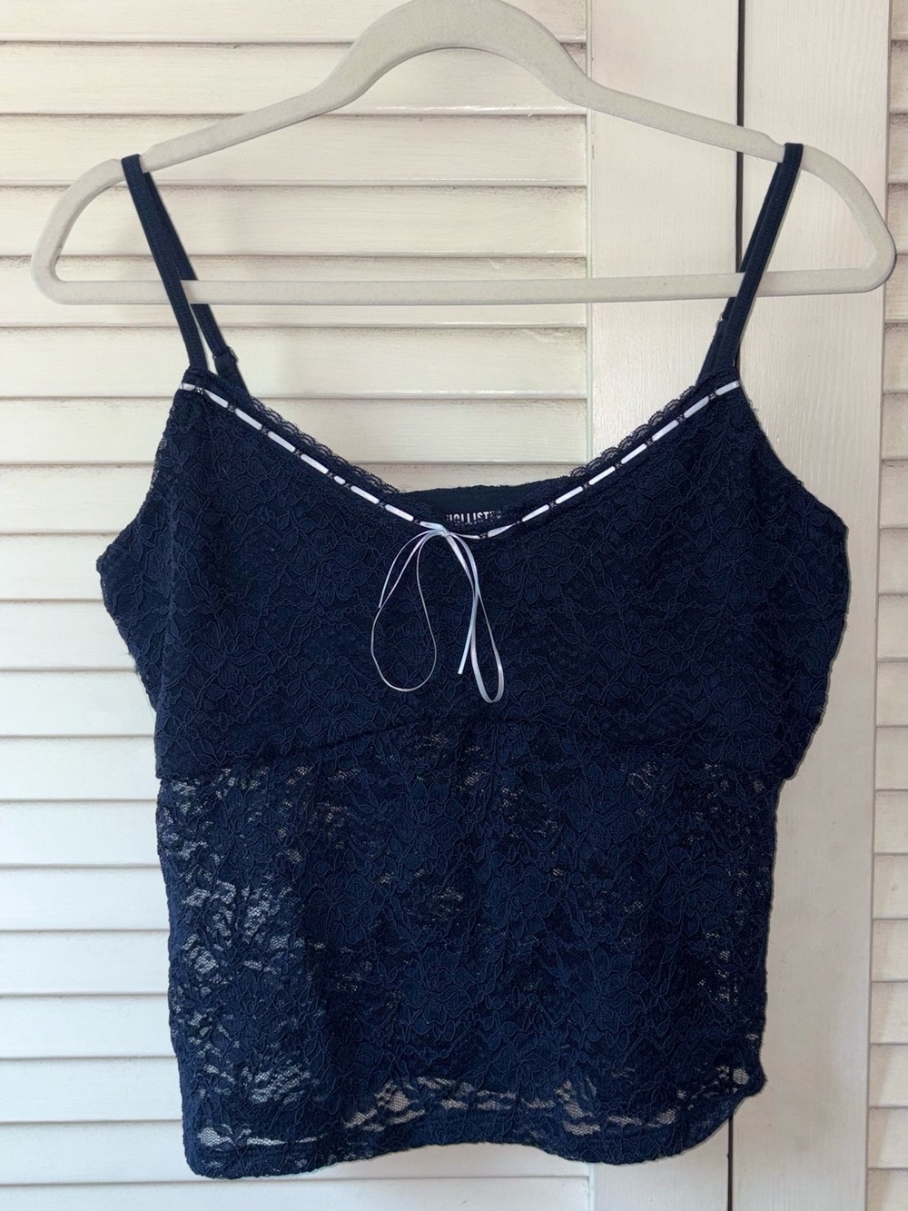 Hollister Lace Cami Top XL Navy Blue Y2K Coquette Ribbon Bow Tank - Picture 2 of 4